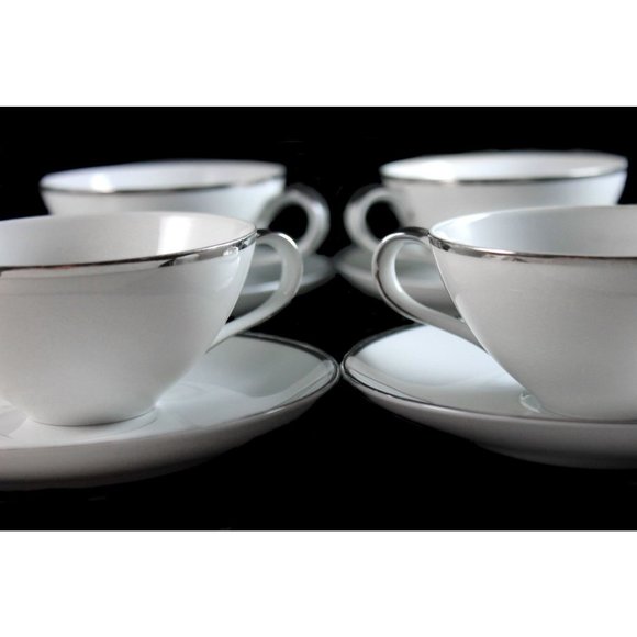 Harmony House Moderne Platinum Trim 4 Cups and Saucers & Creamer Japan No. 3545 - Picture 15 of 16